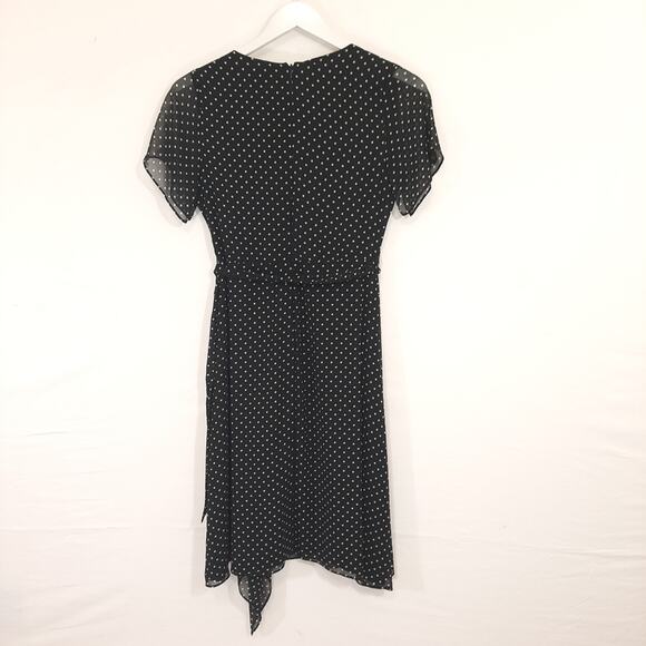 NWT DKNY Black Polka Dot Wrap Style Dress Sz 6 Ruffle Flutter Sleeve Tie Waist - Picture 10 of 11